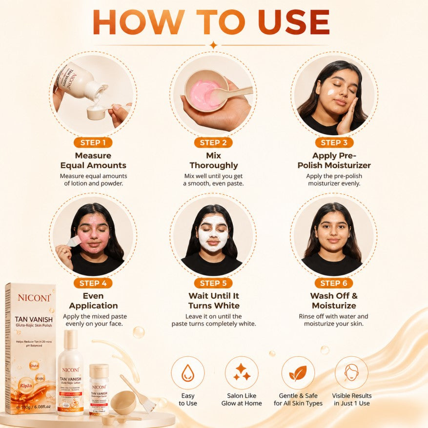 AMR NICONI Tan Vanish Gluta-Kojic Skin Polish | Instant Tan Removal & Glow | Vitamin E | Infused with Kojic Acid & Glutathione | Ideal for All Skin Types | Lightens Suntan | 200g