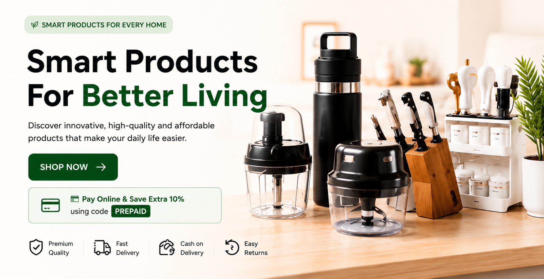 Smart kitchen and home products banner with chopper, storage organizer and smart living essentials by SmartKhareed.