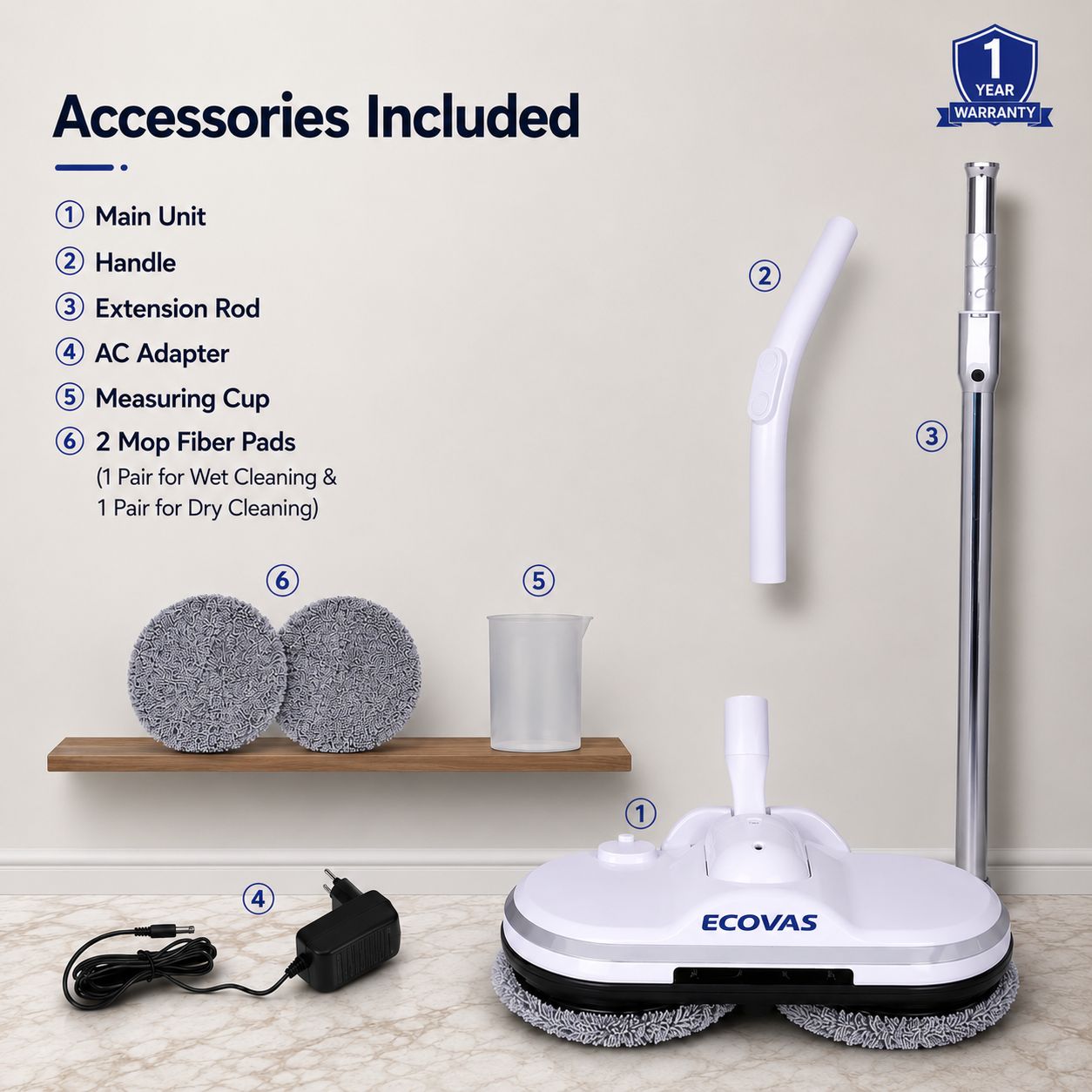 Ecovas Electric Spin Mop for Floor Cleaning, Automatic Wet Mopper, Cordless, Adjustable Handle, Water Spray, Lightweight for Wooden, Tiles & Hard Floors | Home & Office Use | 1 Year Warranty - Smart Khareed