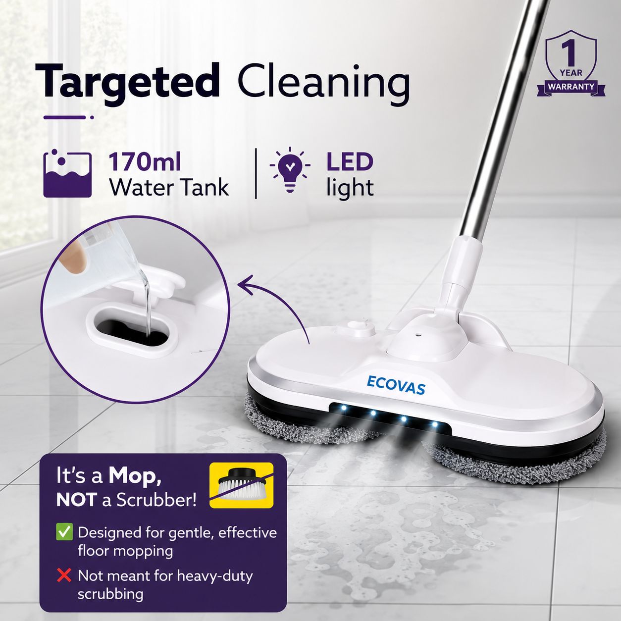 Ecovas Electric Spin Mop for Floor Cleaning, Automatic Wet Mopper, Cordless, Adjustable Handle, Water Spray, Lightweight for Wooden, Tiles & Hard Floors | Home & Office Use | 1 Year Warranty - Smart Khareed