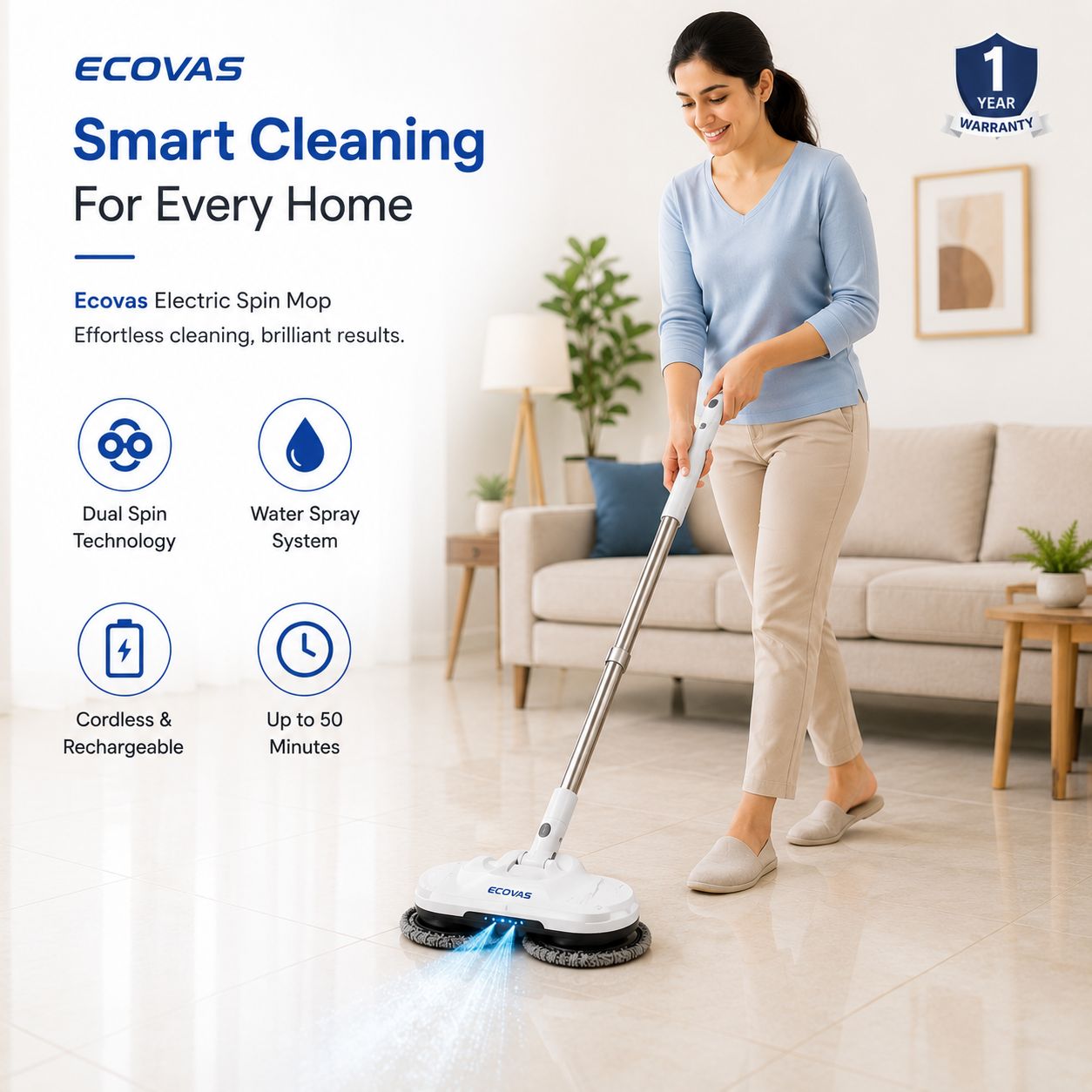 Ecovas Electric Spin Mop for Floor Cleaning, Automatic Wet Mopper, Cordless, Adjustable Handle, Water Spray, Lightweight for Wooden, Tiles & Hard Floors | Home & Office Use | 1 Year Warranty - Smart Khareed