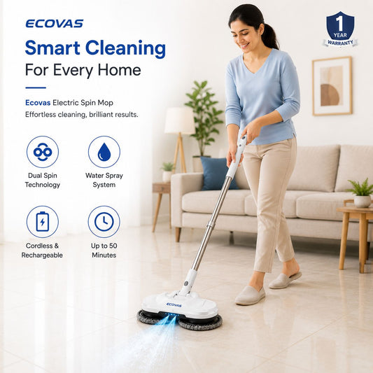 Ecovas Electric Spin Mop for Floor Cleaning, Automatic Wet Mopper, Cordless, Adjustable Handle, Water Spray, Lightweight for Wooden, Tiles & Hard Floors | Home & Office Use | 1 Year Warranty - Smart Khareed