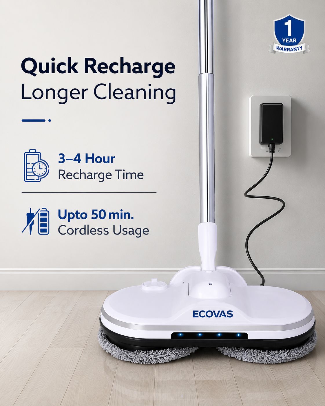 Ecovas Electric Spin Mop for Floor Cleaning, Automatic Wet Mopper, Cordless, Adjustable Handle, Water Spray, Lightweight for Wooden, Tiles & Hard Floors | Home & Office Use | 1 Year Warranty - Smart Khareed