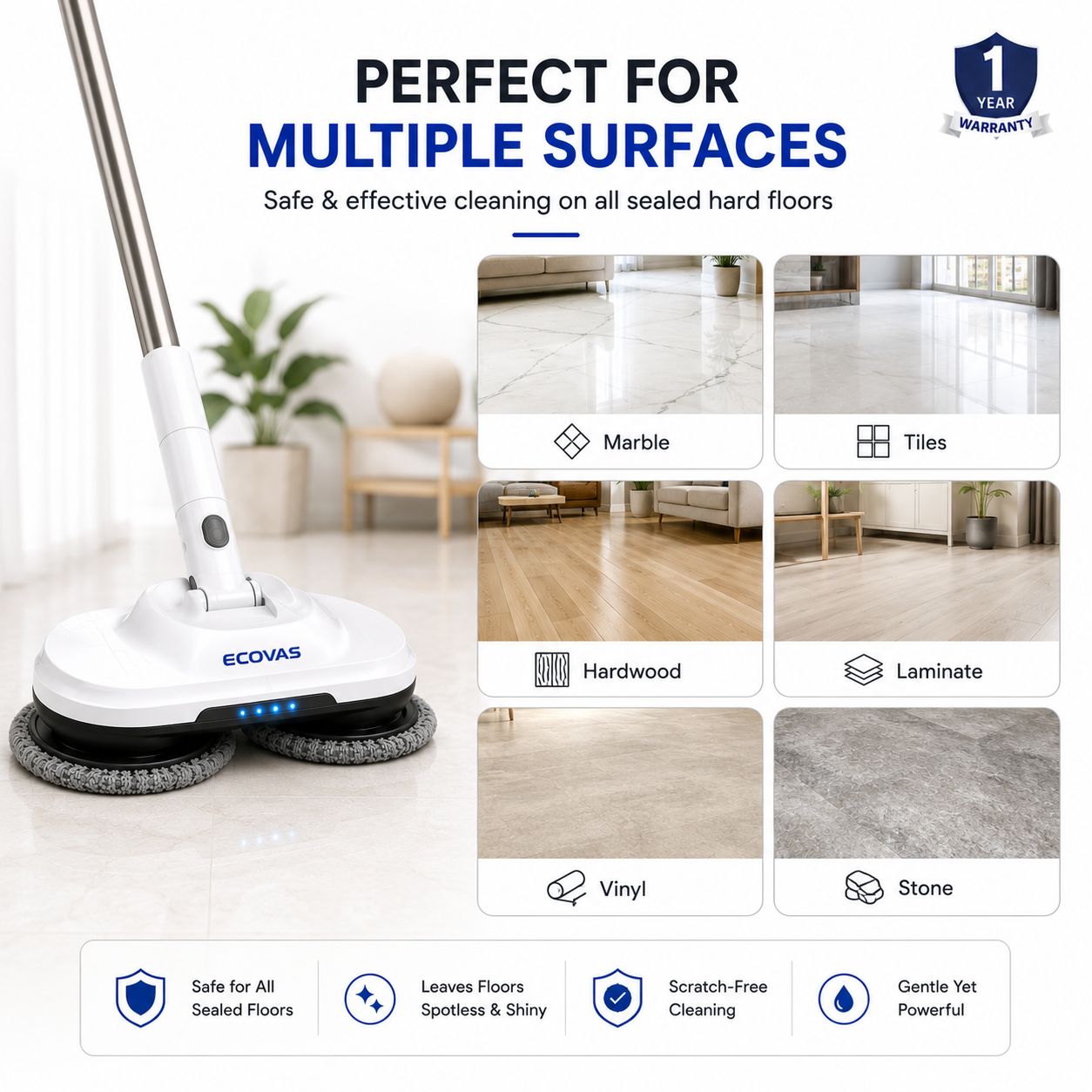 Ecovas Electric Spin Mop for Floor Cleaning, Automatic Wet Mopper, Cordless, Adjustable Handle, Water Spray, Lightweight for Wooden, Tiles & Hard Floors | Home & Office Use | 1 Year Warranty - Smart Khareed