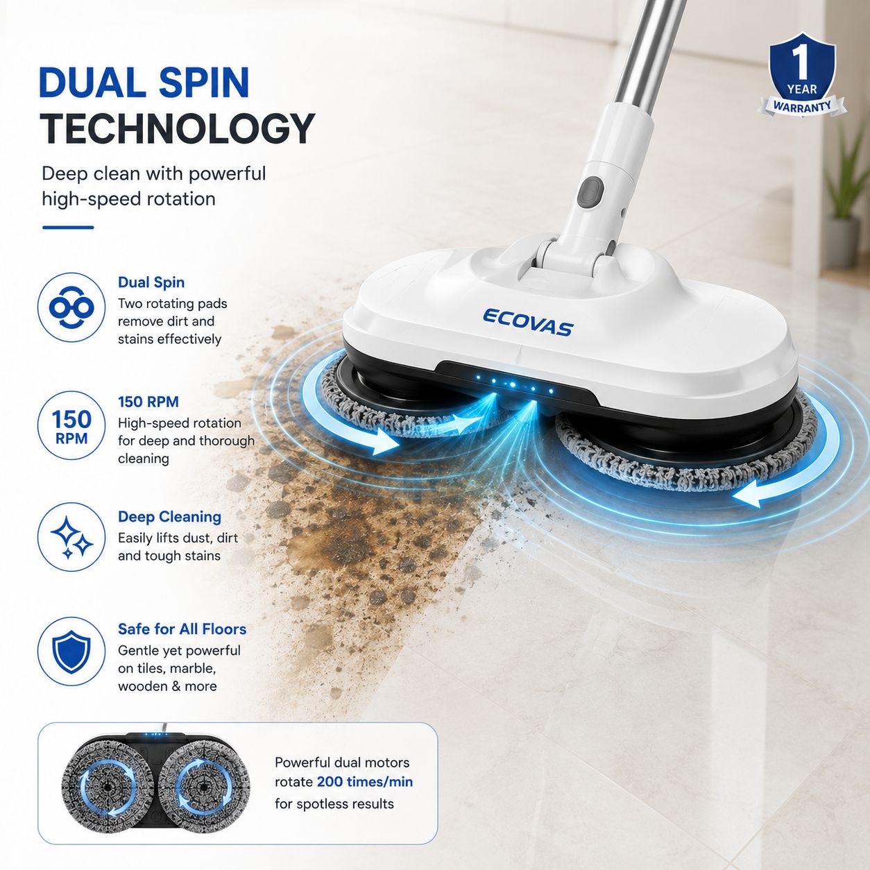 Ecovas Electric Spin Mop for Floor Cleaning, Automatic Wet Mopper, Cordless, Adjustable Handle, Water Spray, Lightweight for Wooden, Tiles & Hard Floors | Home & Office Use | 1 Year Warranty - Smart Khareed