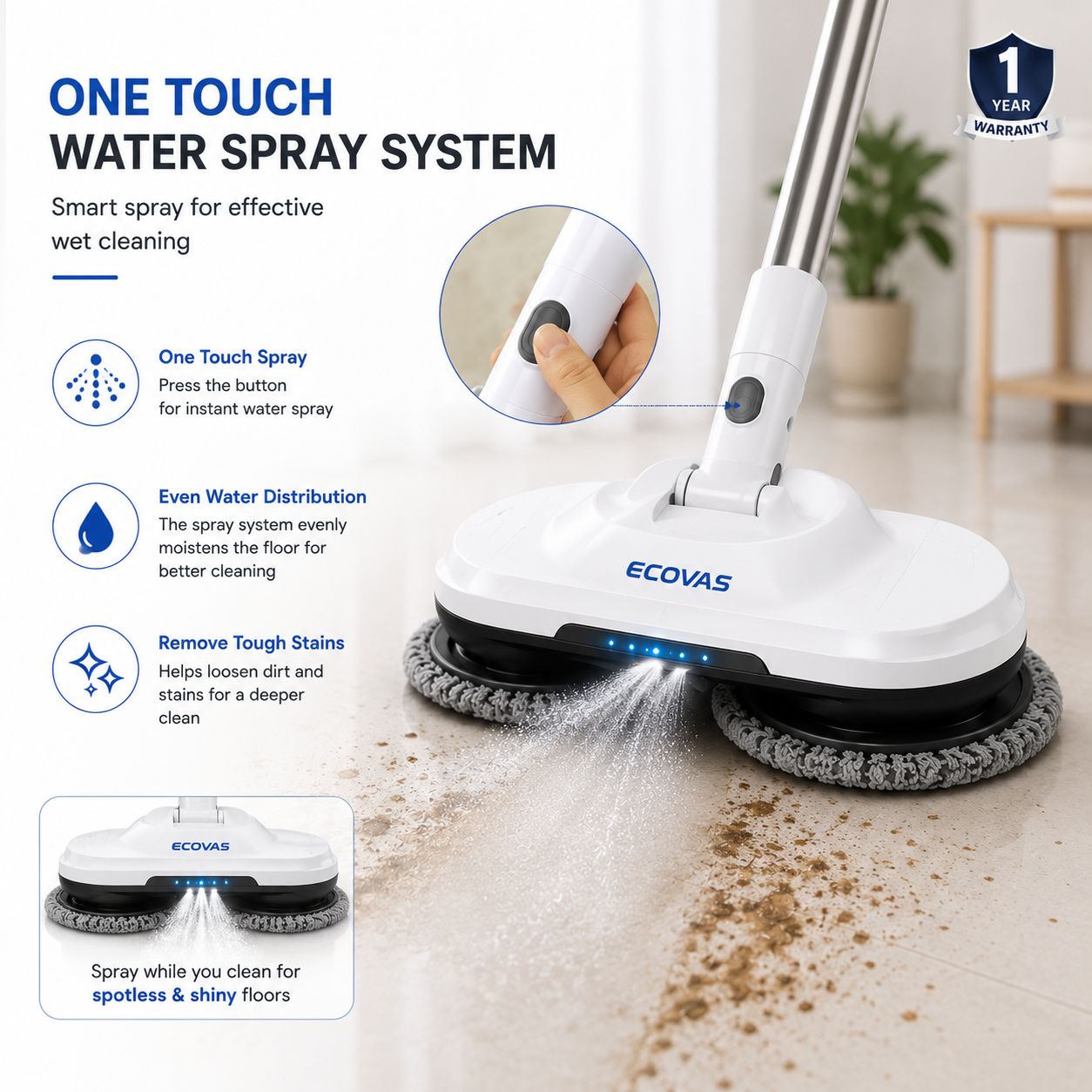 Ecovas Electric Spin Mop for Floor Cleaning, Automatic Wet Mopper, Cordless, Adjustable Handle, Water Spray, Lightweight for Wooden, Tiles & Hard Floors | Home & Office Use | 1 Year Warranty - Smart Khareed