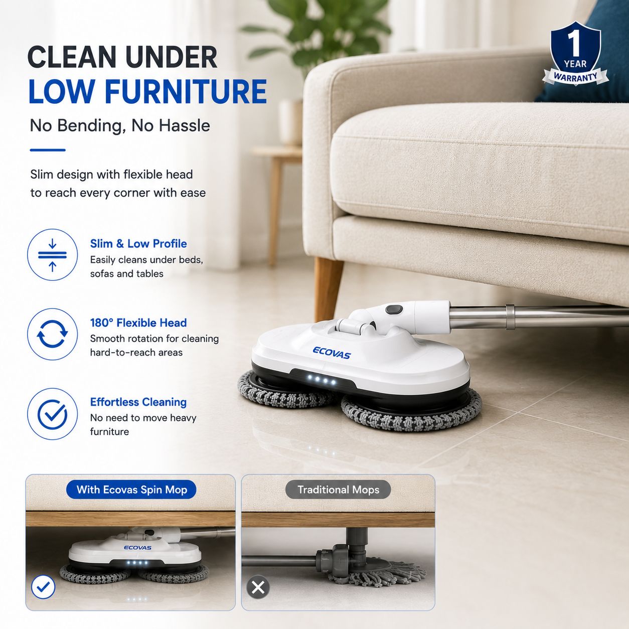 Ecovas Electric Spin Mop for Floor Cleaning, Automatic Wet Mopper, Cordless, Adjustable Handle, Water Spray, Lightweight for Wooden, Tiles & Hard Floors | Home & Office Use | 1 Year Warranty - Smart Khareed